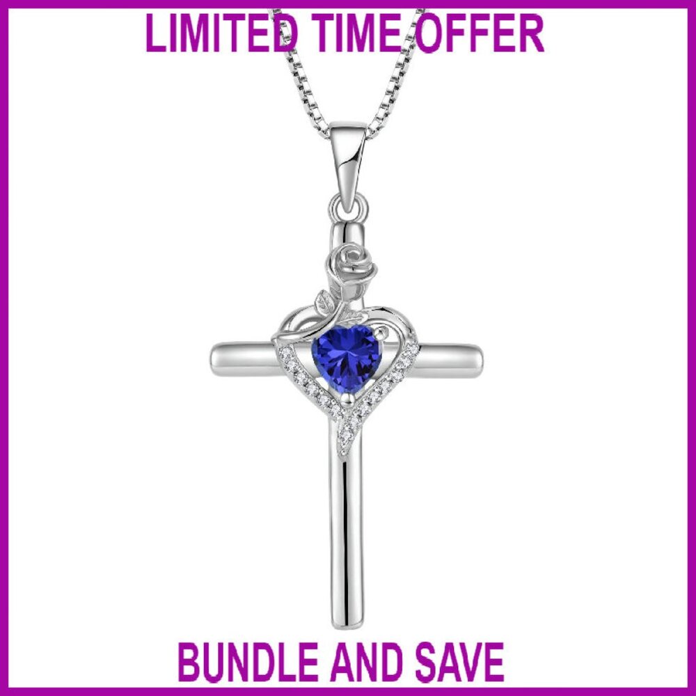 Sterling Silver Cross Rose Pendant Necklace With Birthstone, 45cm Chain